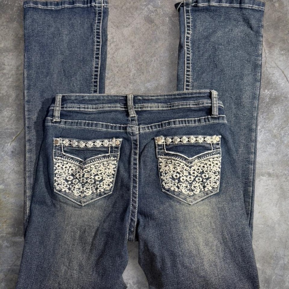 Y2K Bootcut Jeans Floral Embroidered Pockets Low Rise Stretch Denim Women's